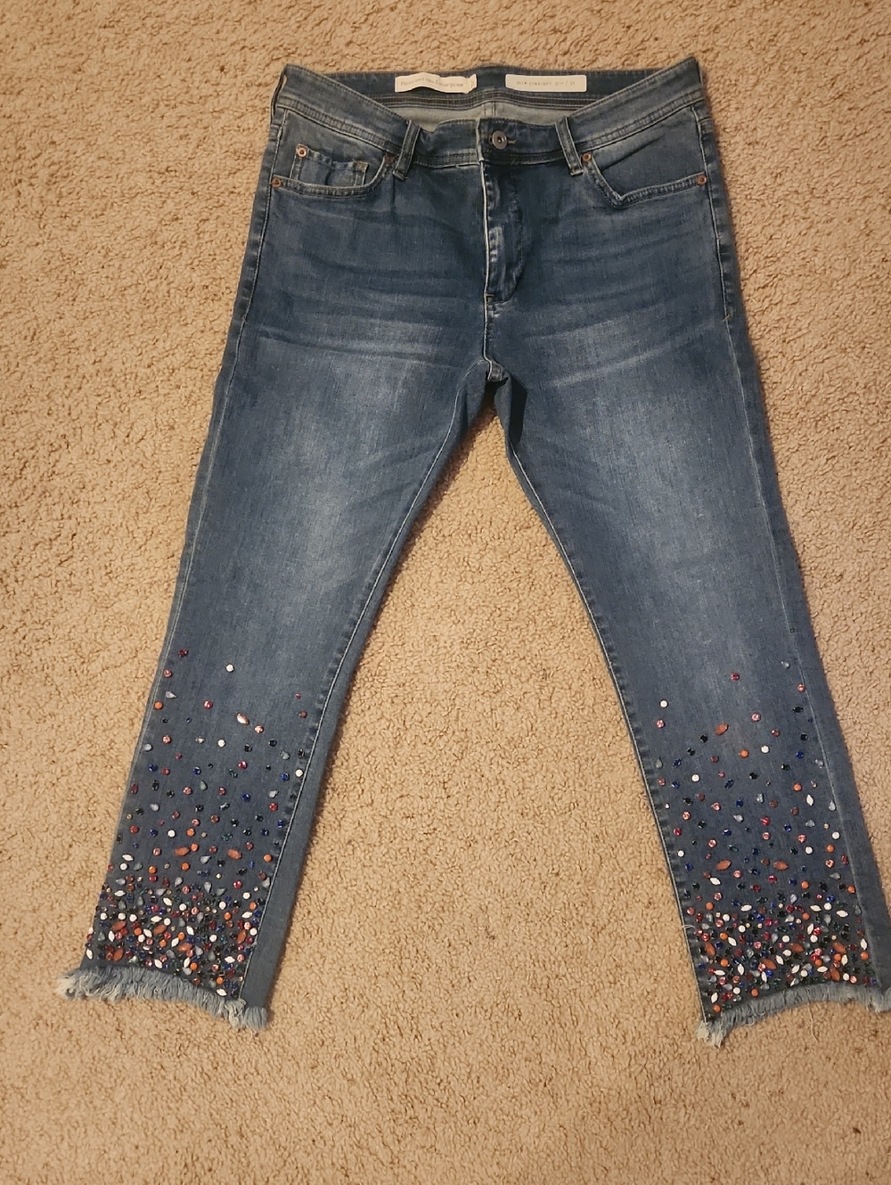 Anthropologie Embellished Blue Women's Jeans with Frayed Hem